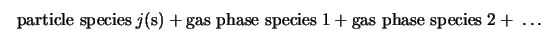 \mbox{particle species} \; j \mbox{(s)} + \mbox{gas phase species} \; 1 + \mbox{gas phase species} \; 2 + \; \dots 