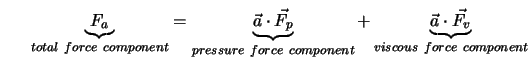  \underbrace{F_a}_{\scriptstyle{total\ force\ component}} = \... ...{a} \cdot \vec{F_v}}_{\scriptstyle{viscous\ force\ component}} 