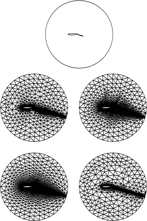 The boundary mesh (top), the interior mesh with NPROPA=-5 (middle left), -1 (middle right),1&nbsp;(bottom left) and 5 (bottom right) of a double RAE wings inside a circle geometry