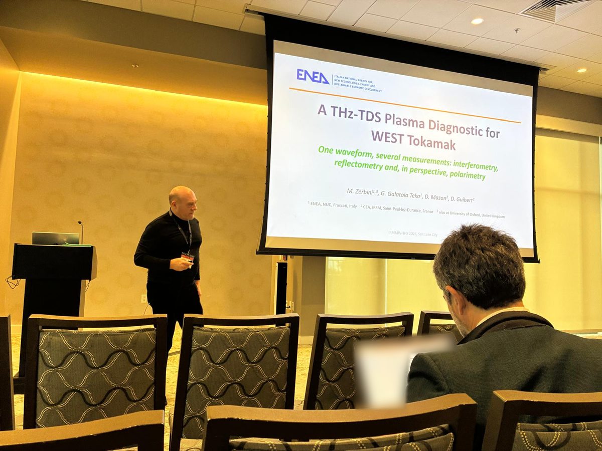 Marco Zerbini presenting the title slide of his talk on a THz-TDS plasma diagnostic for WEST, IRMMW-THz 2026