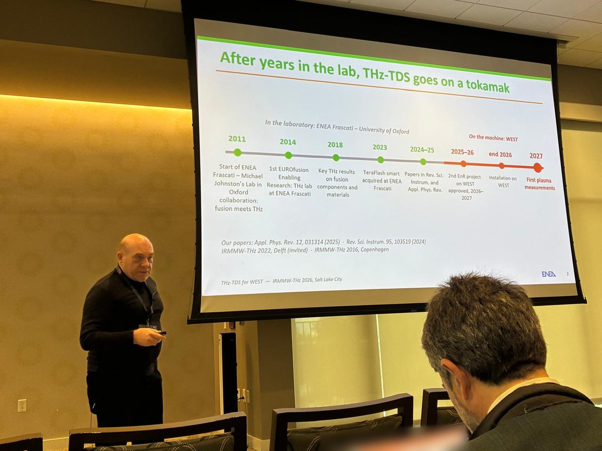Marco Zerbini presenting the timeline slide of the WEST THz-TDS project, IRMMW-THz 2026