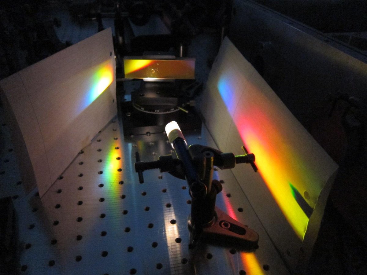 Light dispersed into colours on an optical bench
