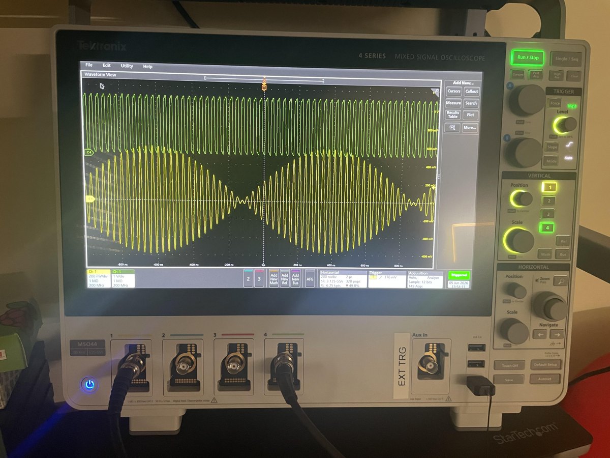 Two close sine waves beating on an oscilloscope